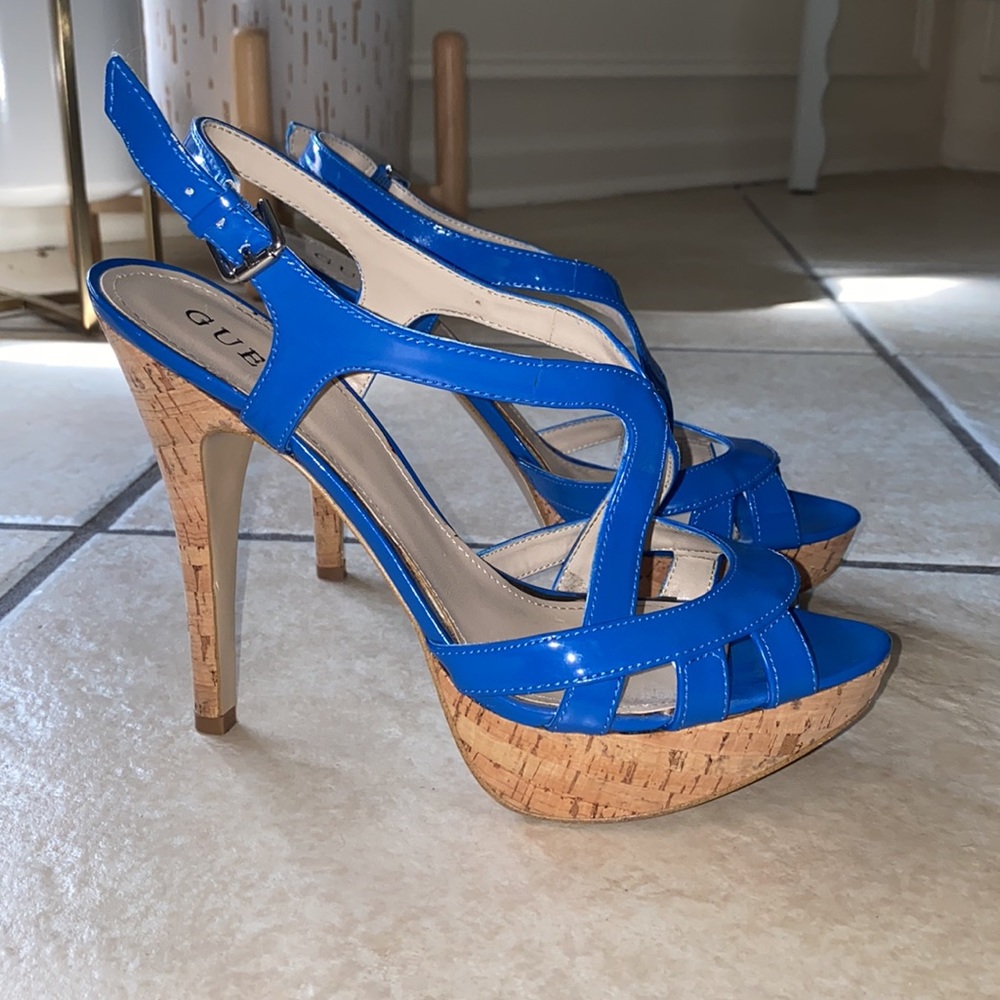 Guess Blue Cork Platform Heels